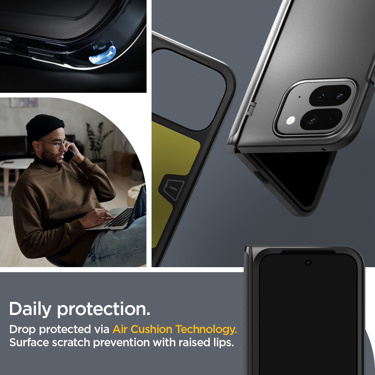 ACS07587 - Pixel Fold 2 Case Slim Armor Pro in Black daily protection drop protected via air cushion technology. surface scratch prevention with raised lips.