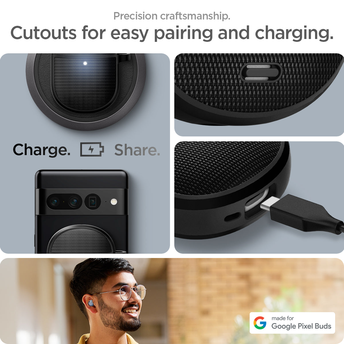 ACS07605 - Pixel Buds Pro 2 Series Case Classic Fit in black showing the precision craftsmanship. Cutouts for easy pairing and charging