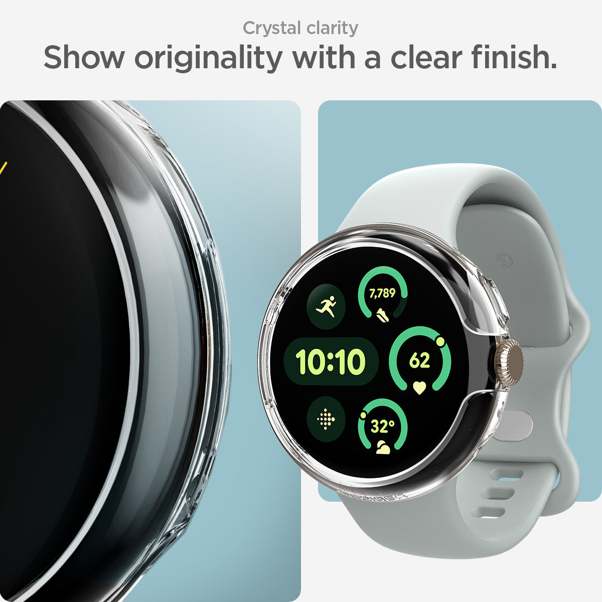 ACS07391 - Pixel Watch 2 Case Thin Fit in Crystal Clear showing the modern style. Minimal design with a sleek finish