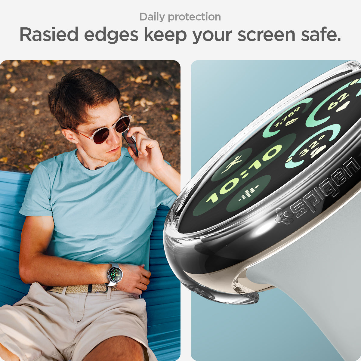 ACS07391 - Pixel Watch 2 Case Thin Fit in Crystal Clear showing the daily protection. Raised edges keep your screen safe
