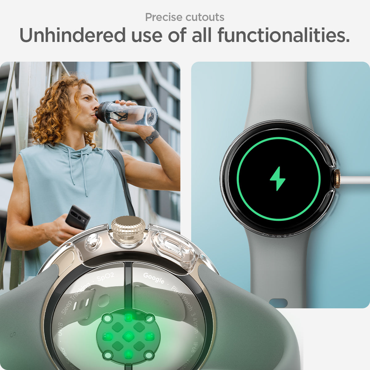 ACS07391 - Pixel Watch 2 Case Thin Fit in Crystal Clear showing the precious cutouts. Unhindered use of all functionalities