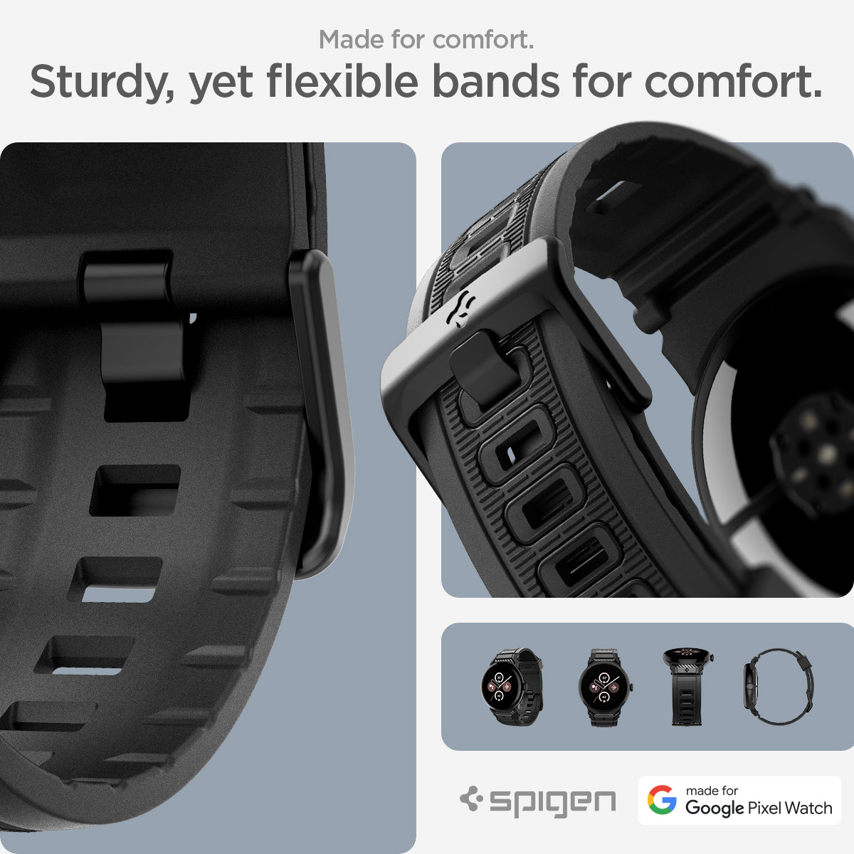 AMP07600 - Pixel Watch 5 (45mm) Rugged Band Matte Black made for comfort. sturdy yet flexible bands for comfort.