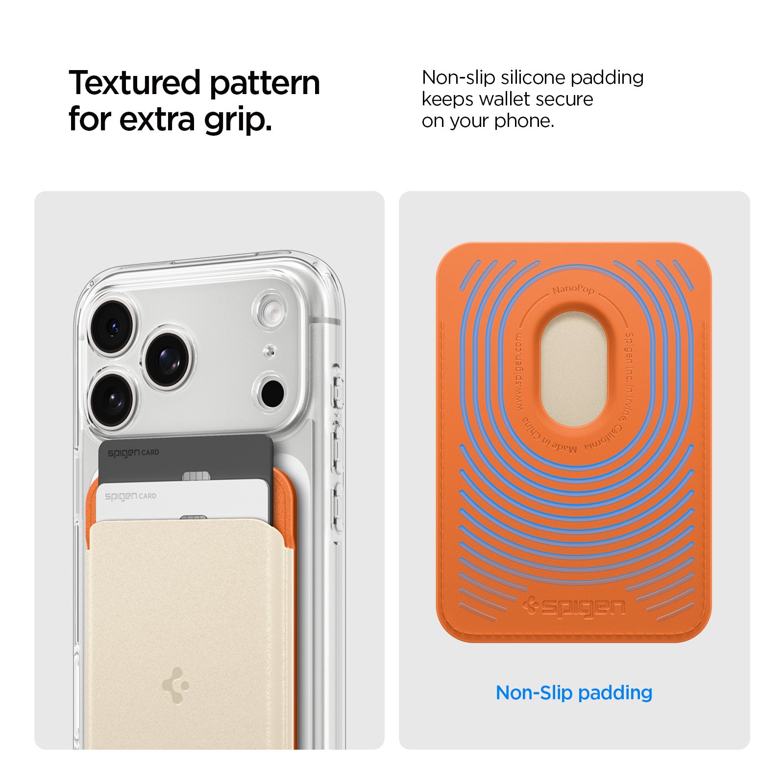 AFA11341 - MagSafe Card Holder Nano Pop (Mag Fit) in Orange Beige showing textured pattern for extra grip.