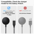 AMP05302 - Galaxy Watch Night Stand S353 in black showing the compatibility. Only compatible with Galaxy Watch 5 | 5 Pro | 6 |6 Classic | 7 | Ultra and Not compatible with any previous chargers