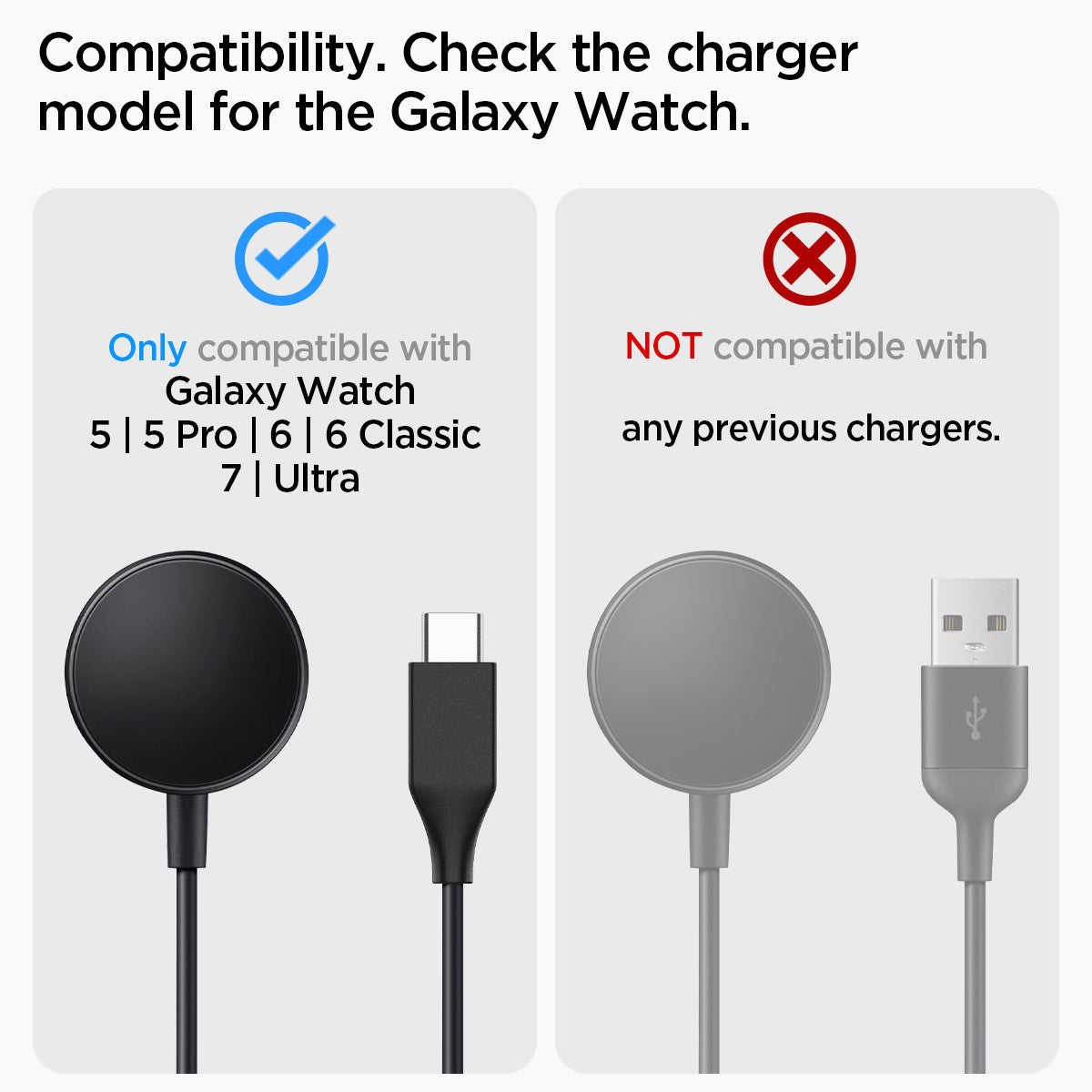 AMP05302 - Galaxy Watch Night Stand S353 in black showing the compatibility. Only compatible with Galaxy Watch 5 | 5 Pro | 6 |6 Classic | 7 | Ultra and Not compatible with any previous chargers