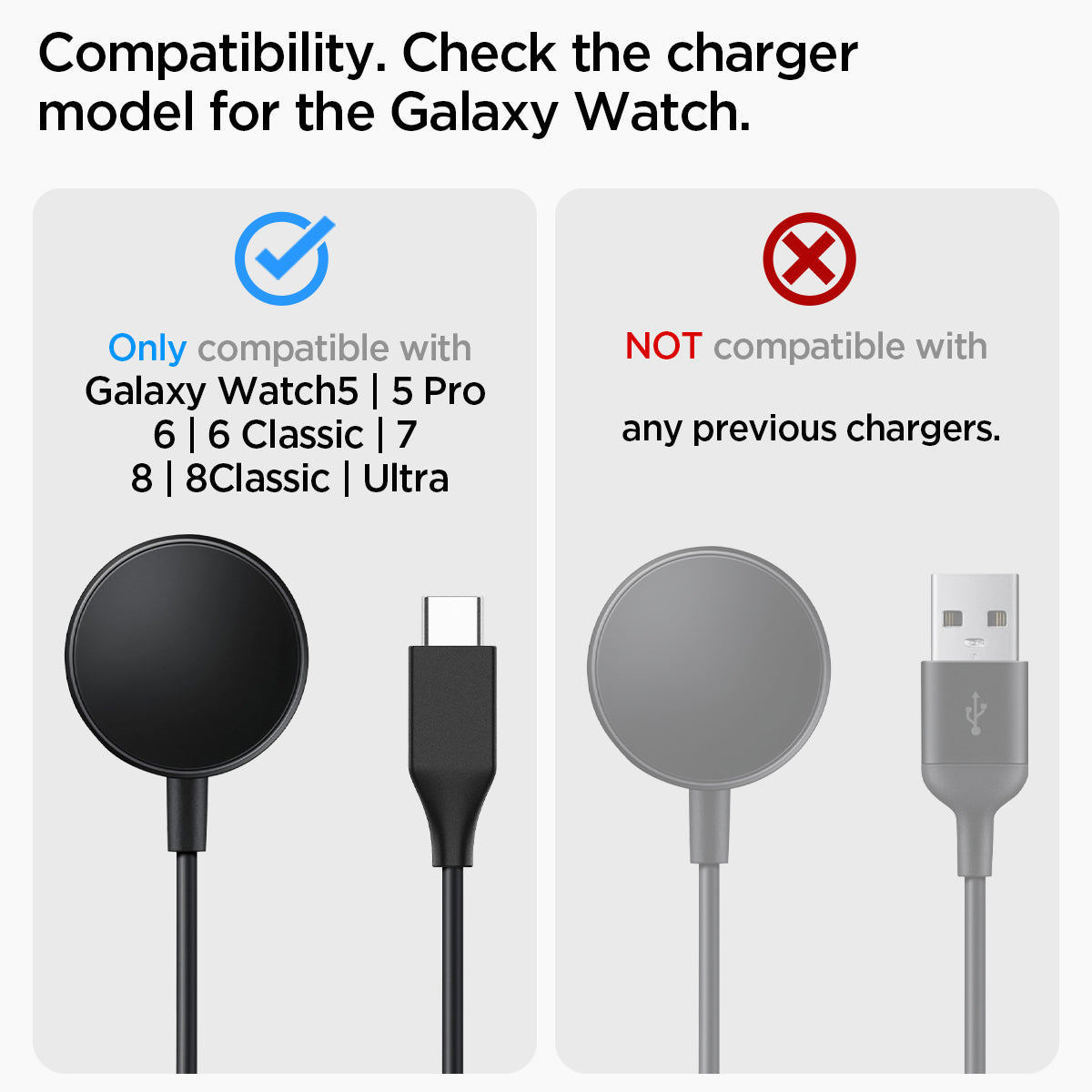 AMP05302 - Galaxy Watch Night Stand S353 in black showing the compatibility. Only compatible with Galaxy Watch 5 | 5 Pro | 6 |6 Classic | 7 | 8 | 8 classic | Ultra and Not compatible with any previous chargers
