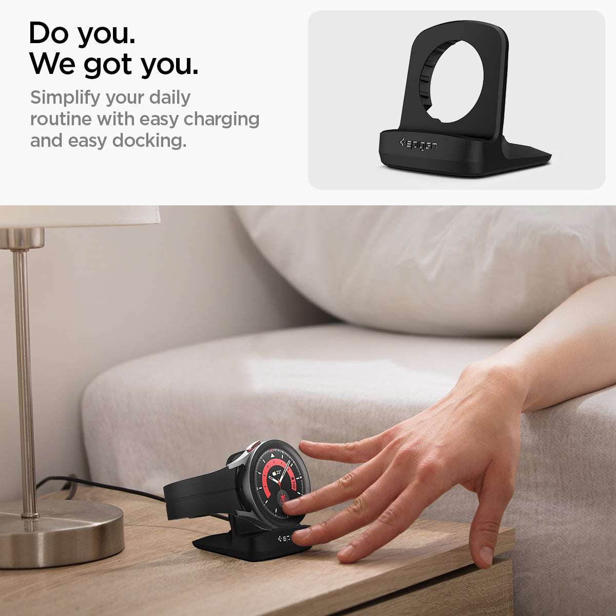 AMP05302 - Galaxy Watch Night Stand S353 in black showing how to simplify your daily routine with easy charging and easy docking