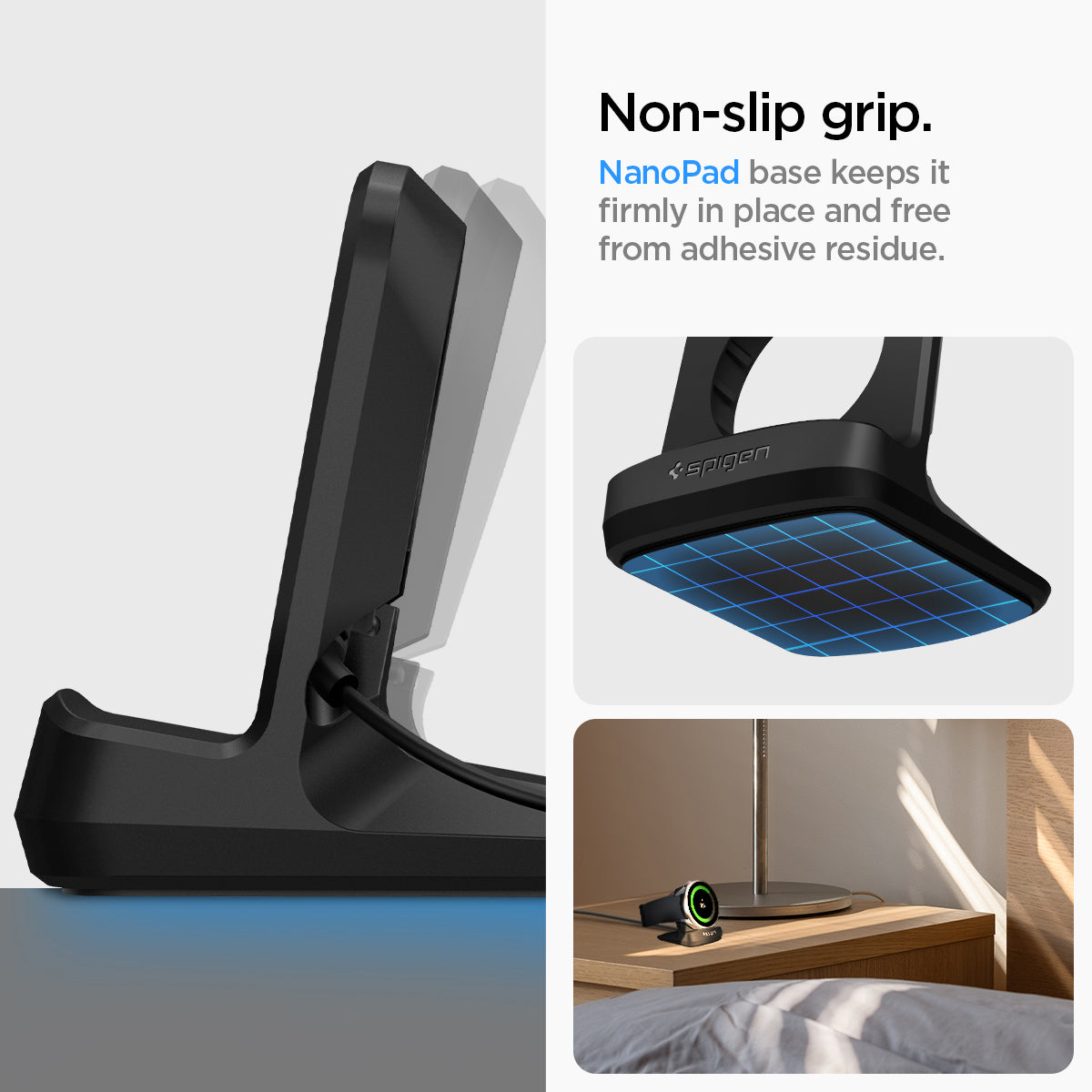 AMP05302 - Galaxy Watch Night Stand S353 in black showing the non-slip grip. NanoPad base keeps it firmly in place and free from adhesive residue