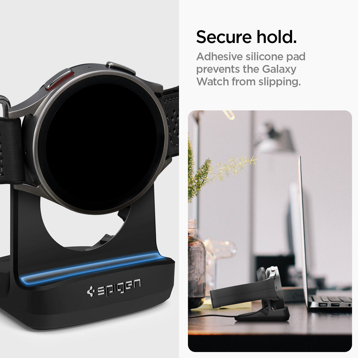 AMP05302 - Galaxy Watch Night Stand S353 in black showing the secure hold. Adhesive silicone pad prevents the Galaxy Watch from slipping