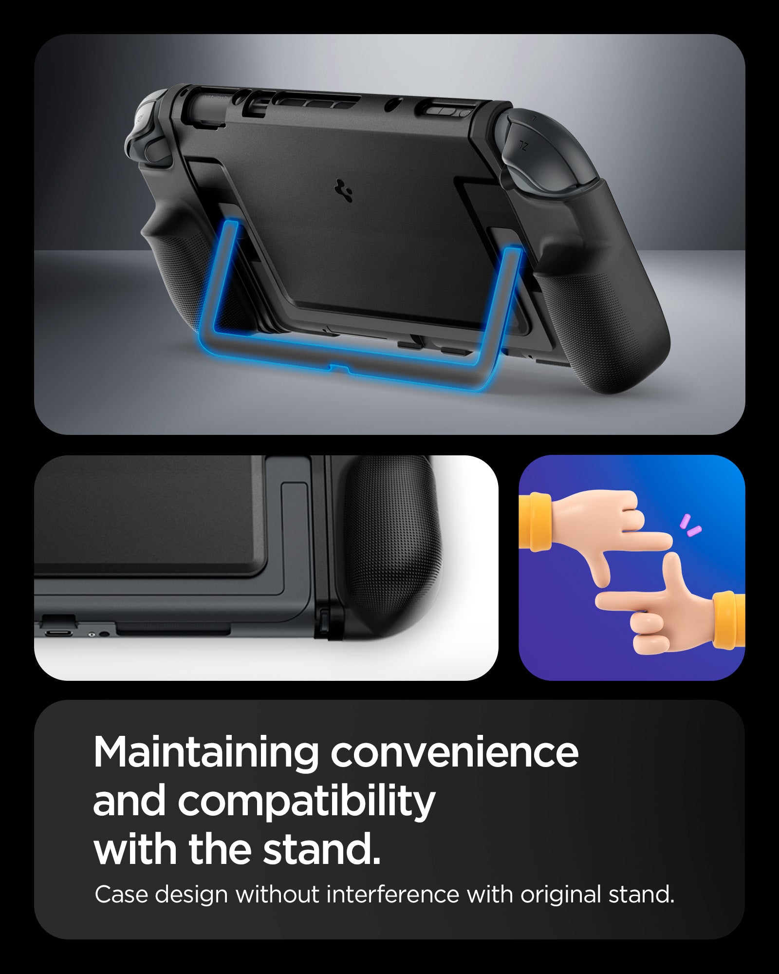 ACS09310 - Nintendo Switch 2 Case Dual Grip in Black showing maintaining convenience and compactivity with stand. Case design without interference with original stand 