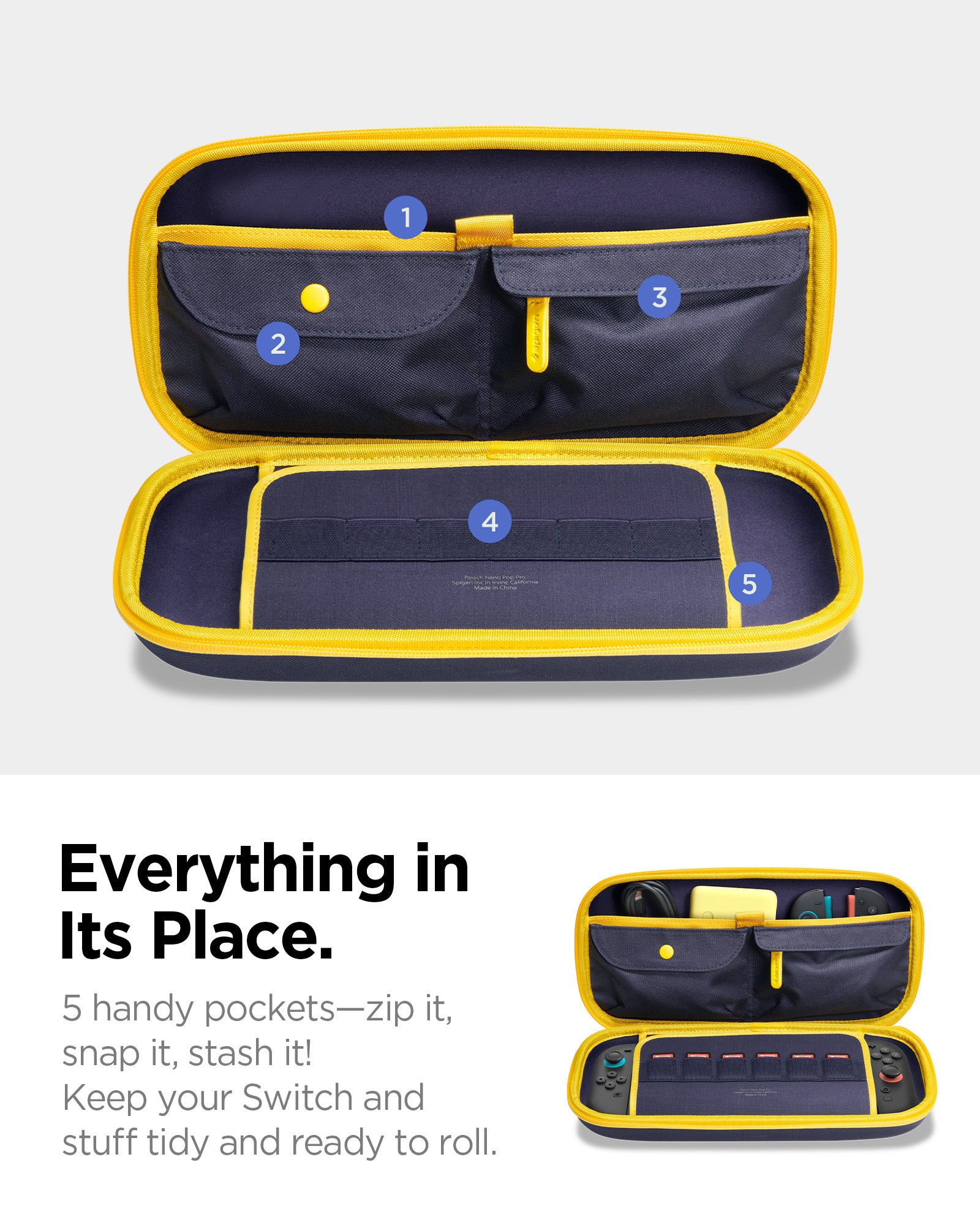 AGP09565 - Nintendo Switch 2 Nano Pop Pro Blueberry Navy showing everything in its place. 5 handy pockets-zip it, snap it, stash it. Keep your switch and stuff tidy and ready to roll