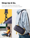 AGP09565 - Nintendo Switch 2 Nano Pop Pro Blueberry Navy showing clipping on the shoulder strap and carry your games like a pro-no hands needed just strap and go