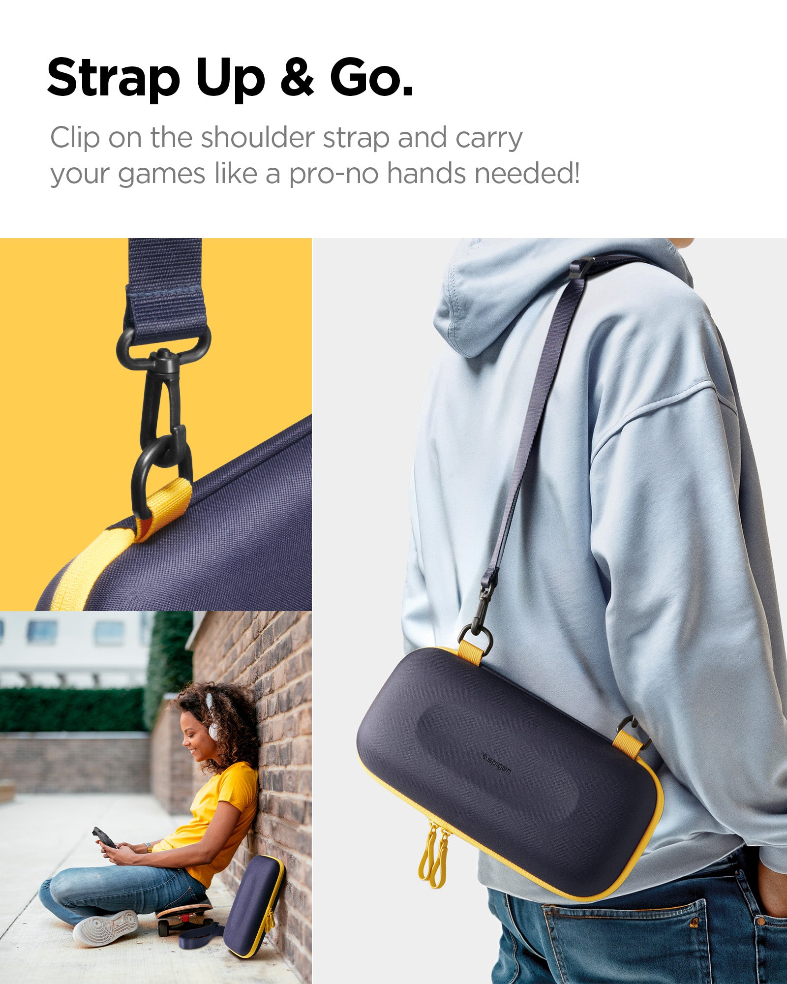 AGP09565 - Nintendo Switch 2 Nano Pop Pro Blueberry Navy showing clipping on the shoulder strap and carry your games like a pro-no hands needed just strap and go