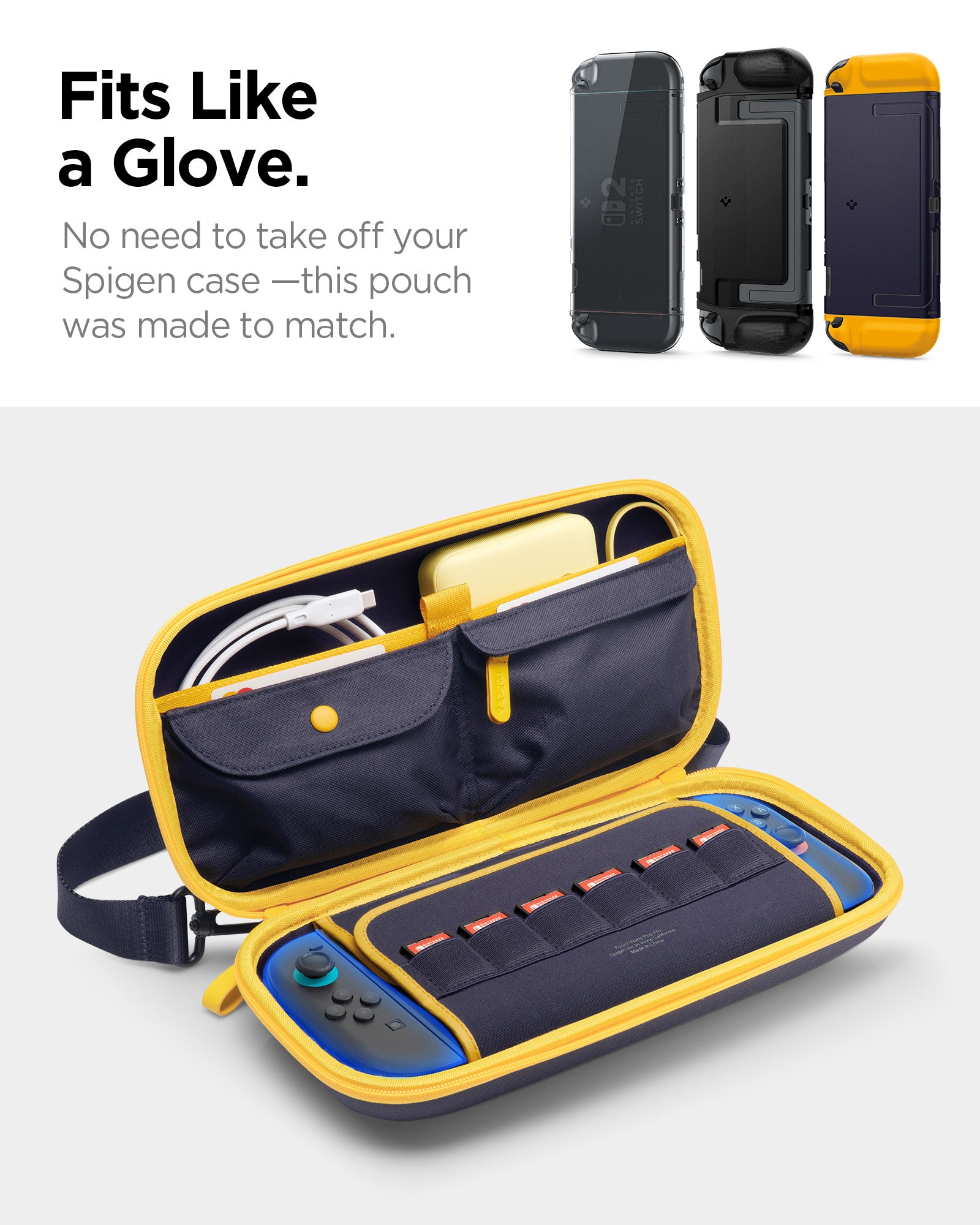 AGP09565 - Nintendo Switch 2 Nano Pop Pro Blueberry Navy showing fitting like a glove. No need to take off your Spigen case-this ouch was made to match