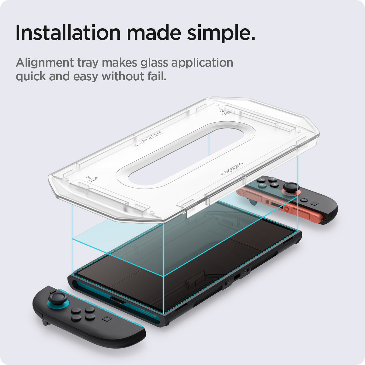 AGL09111 - Nintendo Switch 2 GLAS.tR EZ Fit in Clear showing the installation made simple. Alignment tray makes glass application quick and easy without fail