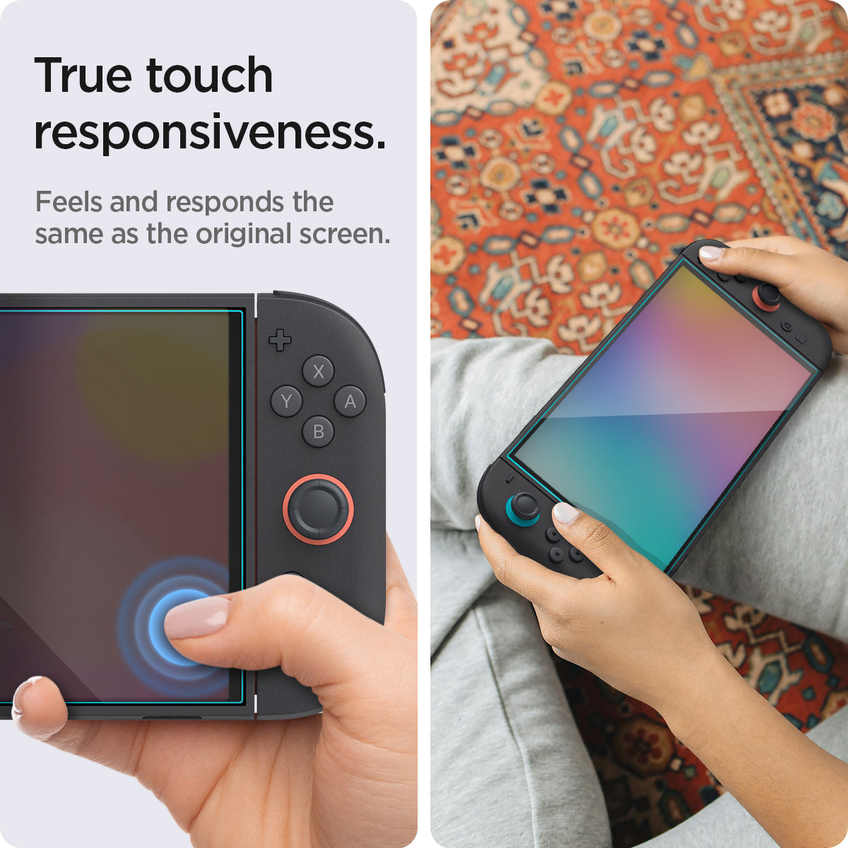 AGL09111 - Nintendo Switch 2 GLAS.tR EZ Fit in Clear showing the true to touch responsiveness. Feels and responds the same as the original screen