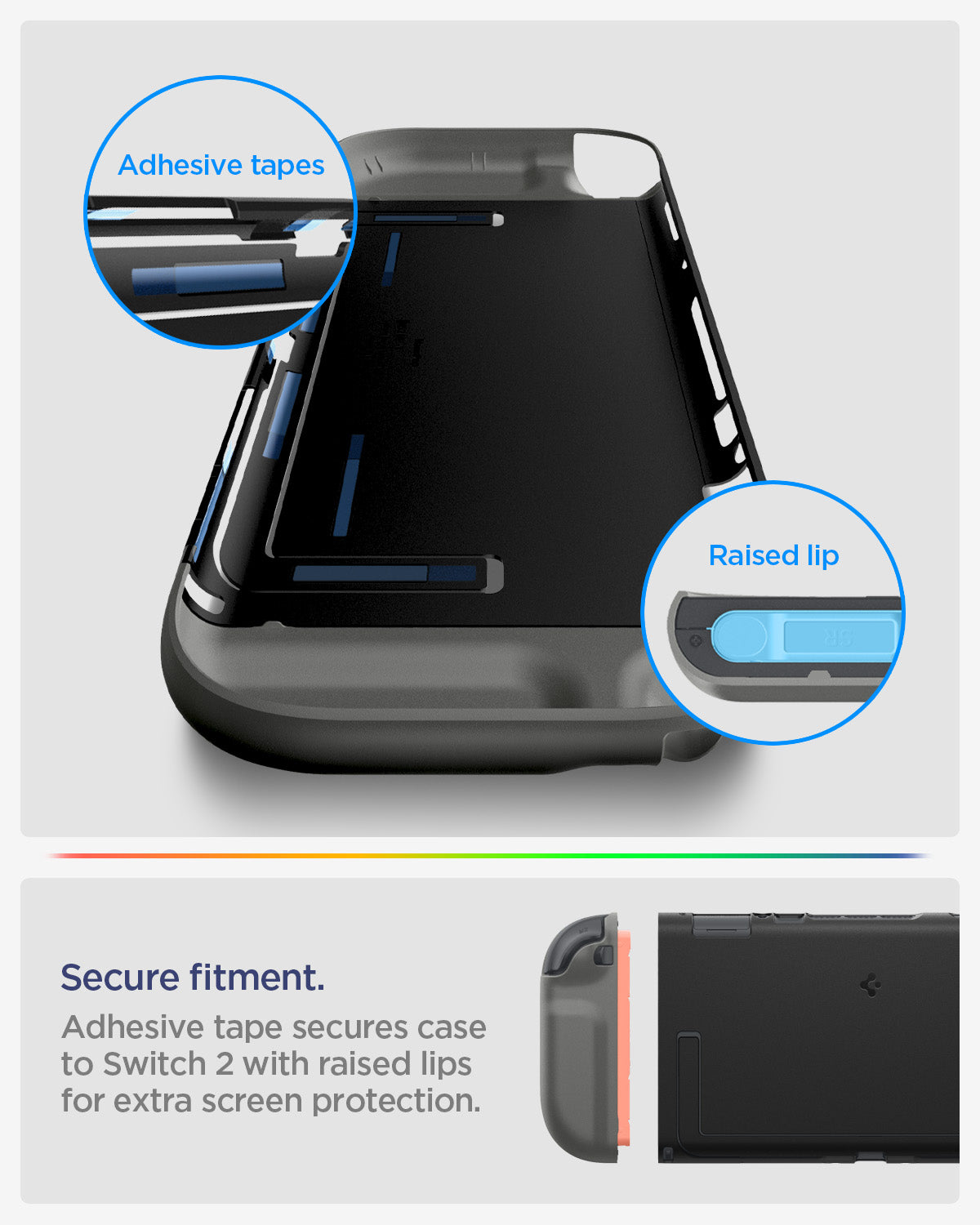 ACS10206 - Nintendo Switch 2 Case Nano Pop in Black Sesame showing secure fitment. adhesive tape secures case to switch 2 with raised lips for extra screen protection