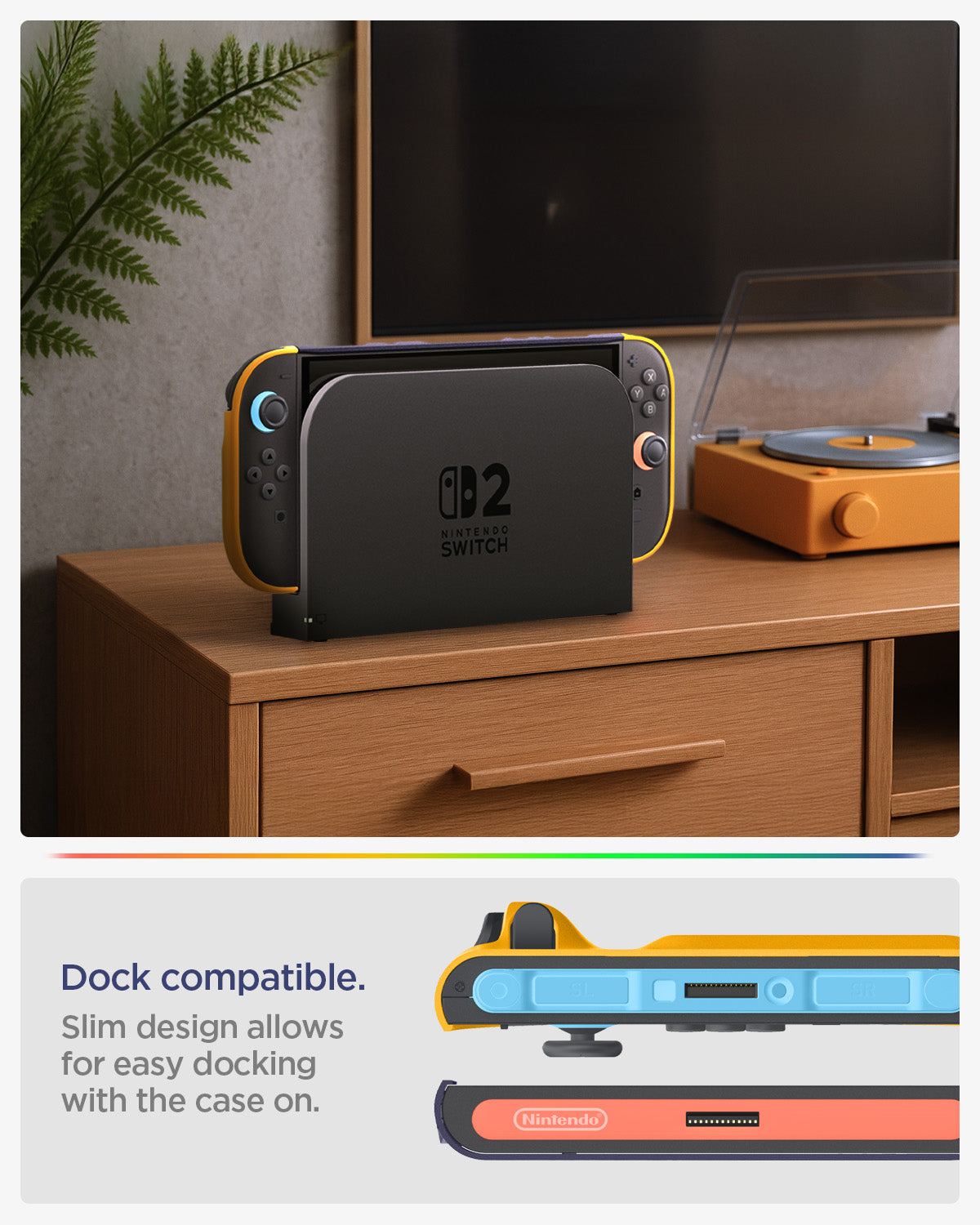 ACS10205 - Nintendo Switch 2 Case Nano Pop in Blueberry Navy showing dock compatible. slim design allows for easy docking with the case on