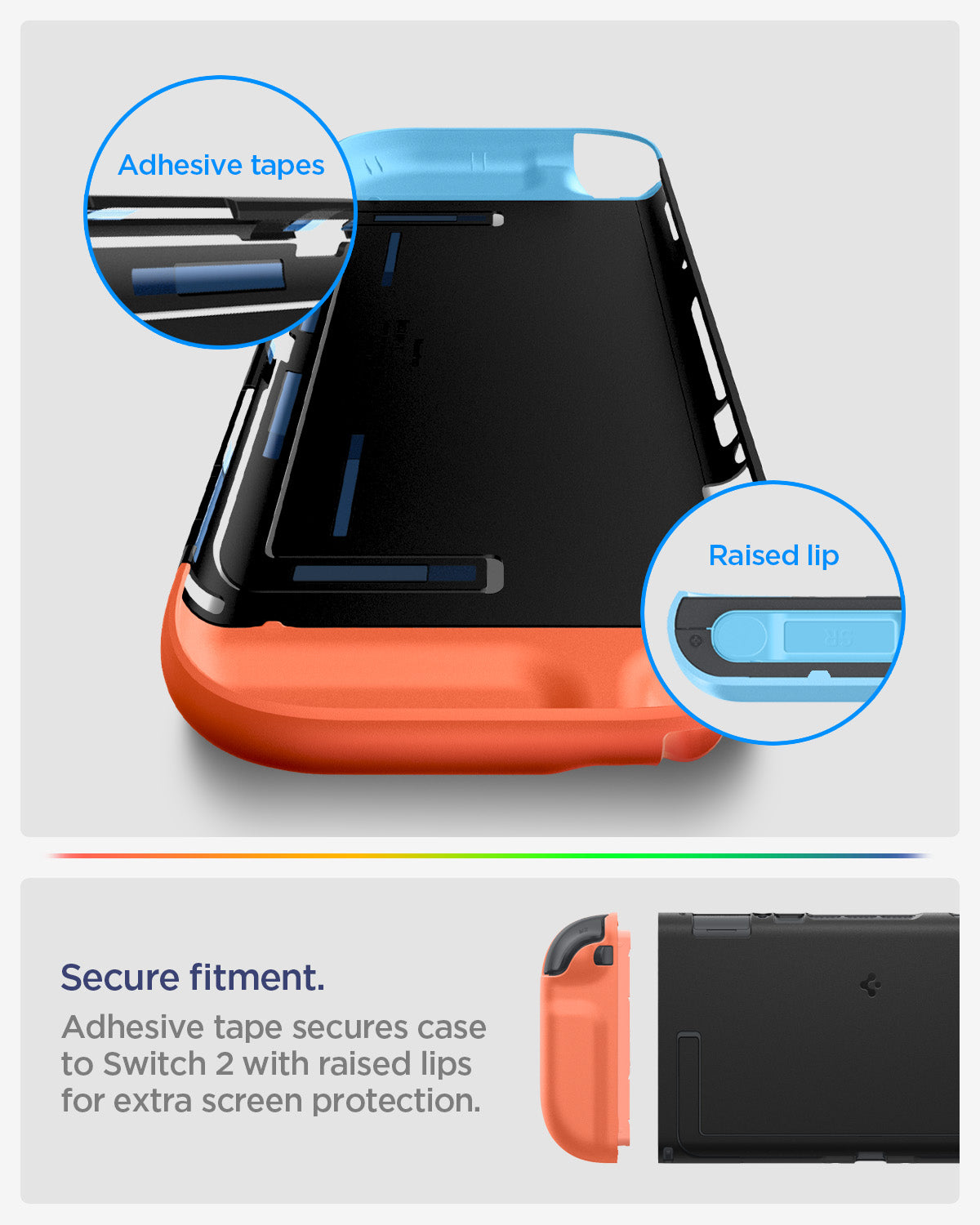 ACS10207 - Nintendo Switch 2 Case Nano Pop in Special Edition showing secure fitment. adhesive tape secures case to switch 2 with raised lips for extra screen protection