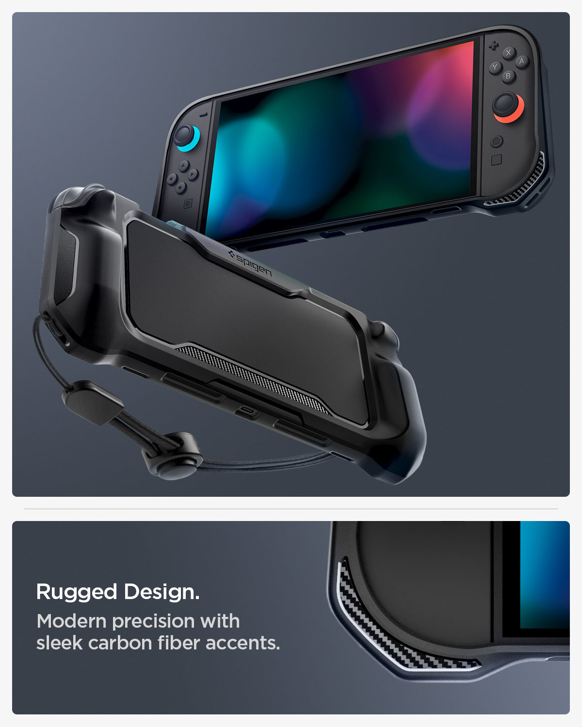 ACS09075 - Nintendo Switch 2 Rugged Armor in Matte Black showing the Rugged Design. Modern precision with sleek carbon fiber accents