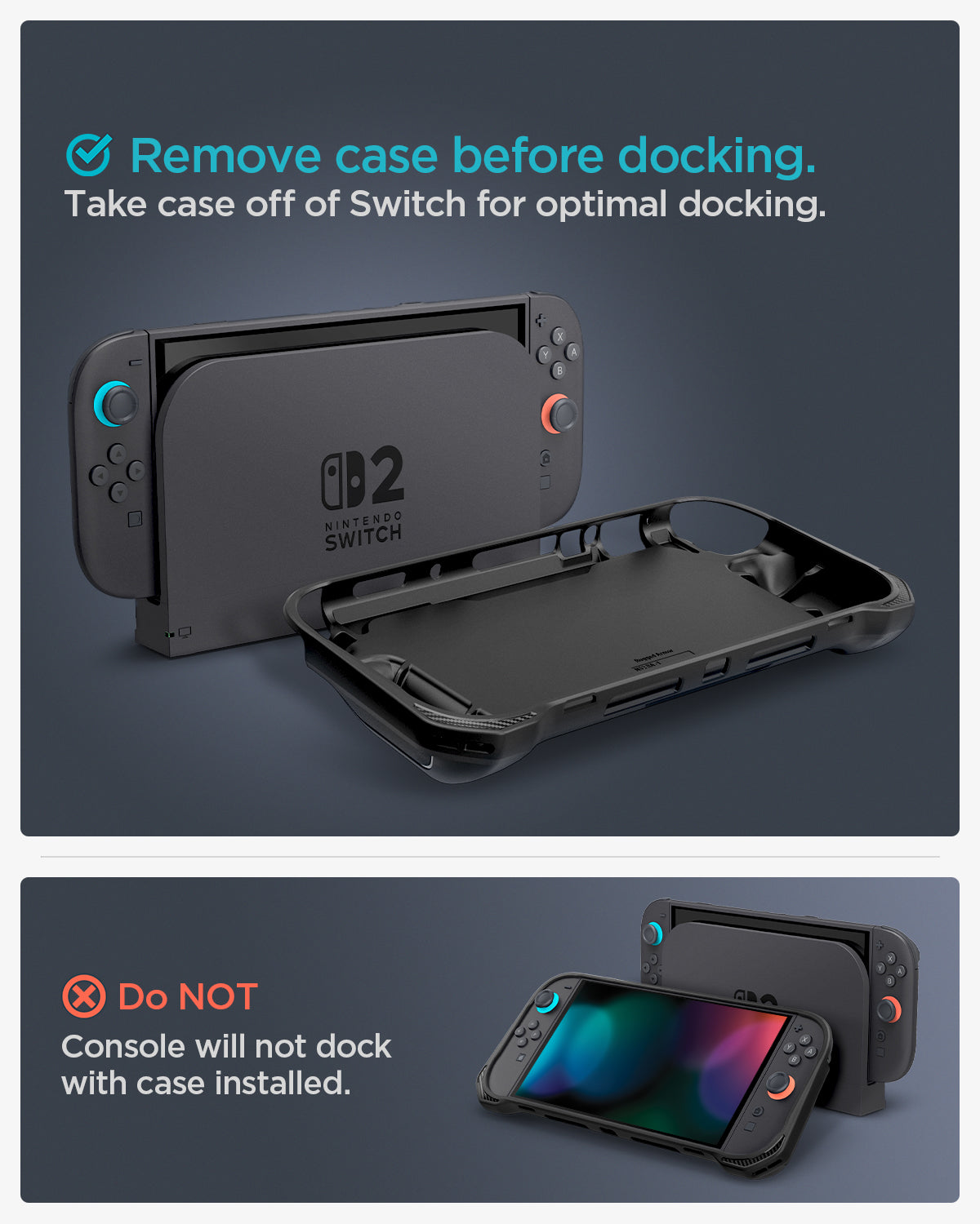 ACS09075 - Nintendo Switch 2 Rugged Armor in Matte Black showing the instructions the docking. Remove case before docking. Take case off Switch for optimal docking. Console will not dock with case installed