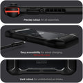 ACS01228 - Nintendo Switch Case Rugged Armor in matte black showing the precise cutout for all essentials, easy accessibility for wired charging, (will not fit in dock) and vent cutout for undisturbed air intake