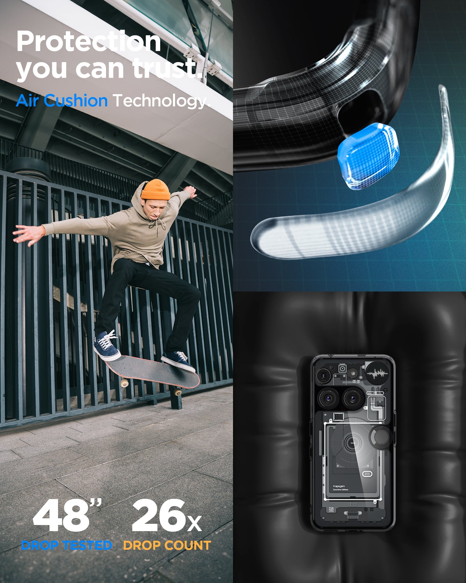 ACS08568 - Nothing Phone 3 Ultra Hybrid Zero One showing the protection you can trust with air cushion technology. 48" drop tested and 26x drop count
