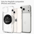 AMP05505 - O-Mag Magnetic Phone Holder (MagFit) in carbon showing the only for magsafe compatible iphones and cases