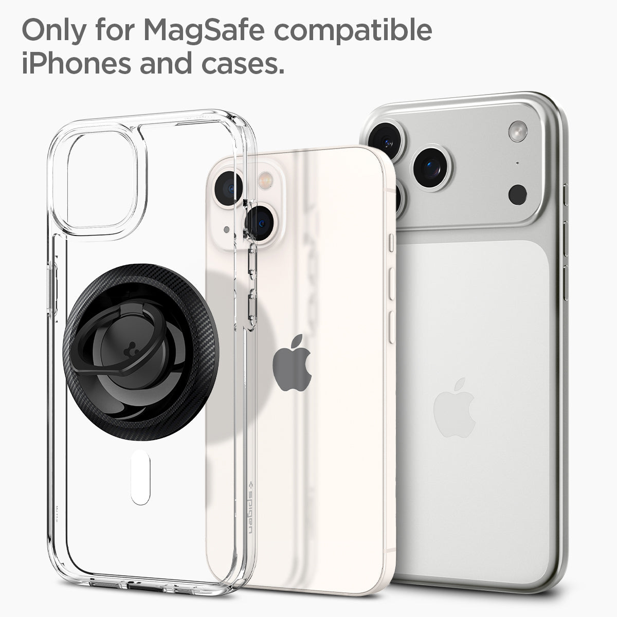 AMP05505 - O-Mag Magnetic Phone Holder (MagFit) in carbon showing the only for magsafe compatible iphones and cases