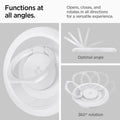 AMP05303 - O-Mag Magnetic Phone Holder (MagFit) in white showing the functions at all angles, opens, closes, and rotates in all directions for a versatile experience, optimal angle, 360 degree rotation