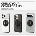 AMP08822 - O-Mag Magnetic Phone Holder (MagFit) OM102 in Black showing the compatibility. Works with iPhone 12 or newer and all MagSafe compatible cases