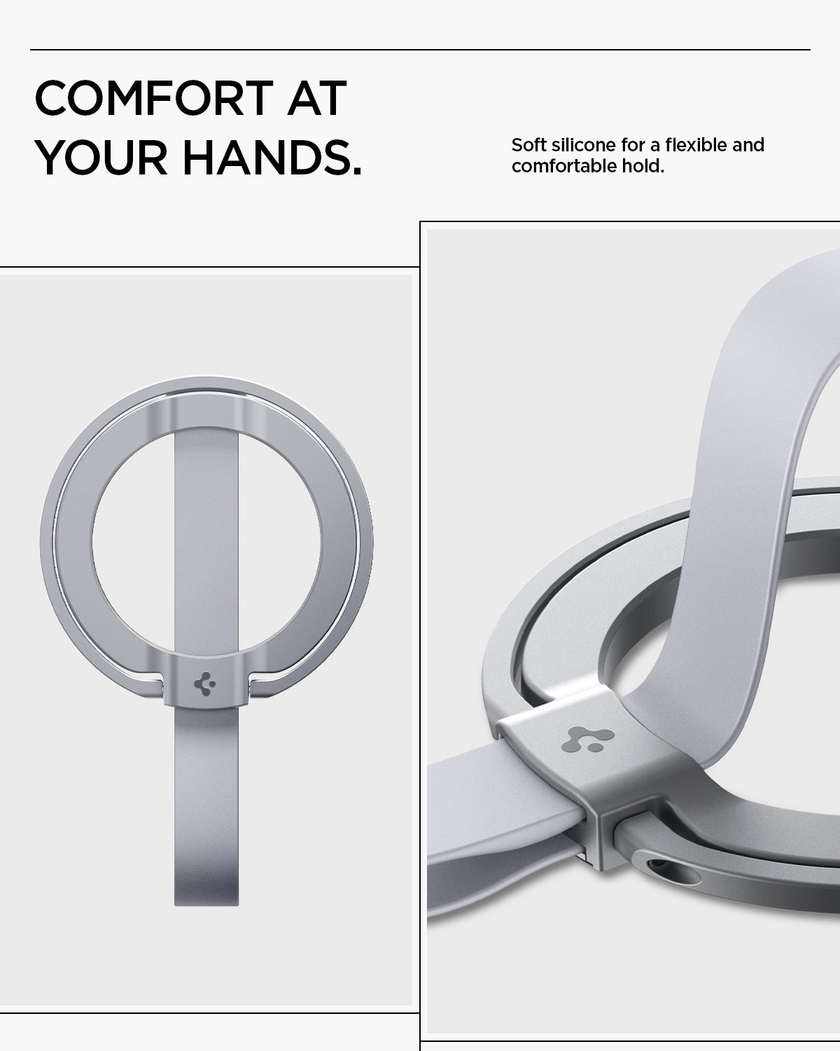 AMP10193 - O-Mag Magnetic Phone Holder (MagFit) | OM103 in Silver comfort at your hands. soft silicone for a flexible and comfortable hold