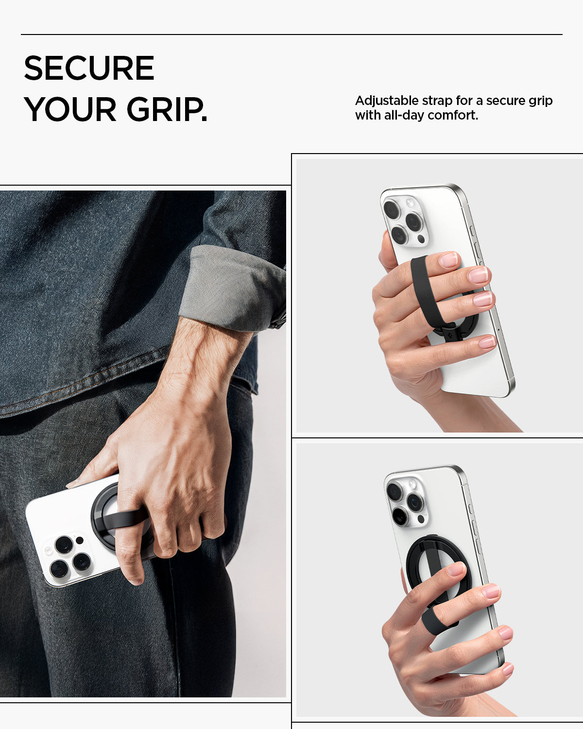 AMP08551 - O-Mag Magnetic Phone Holder (MagFit) | OM103 in Black showing secure your grip. adjustable for secure grip with all day comfort