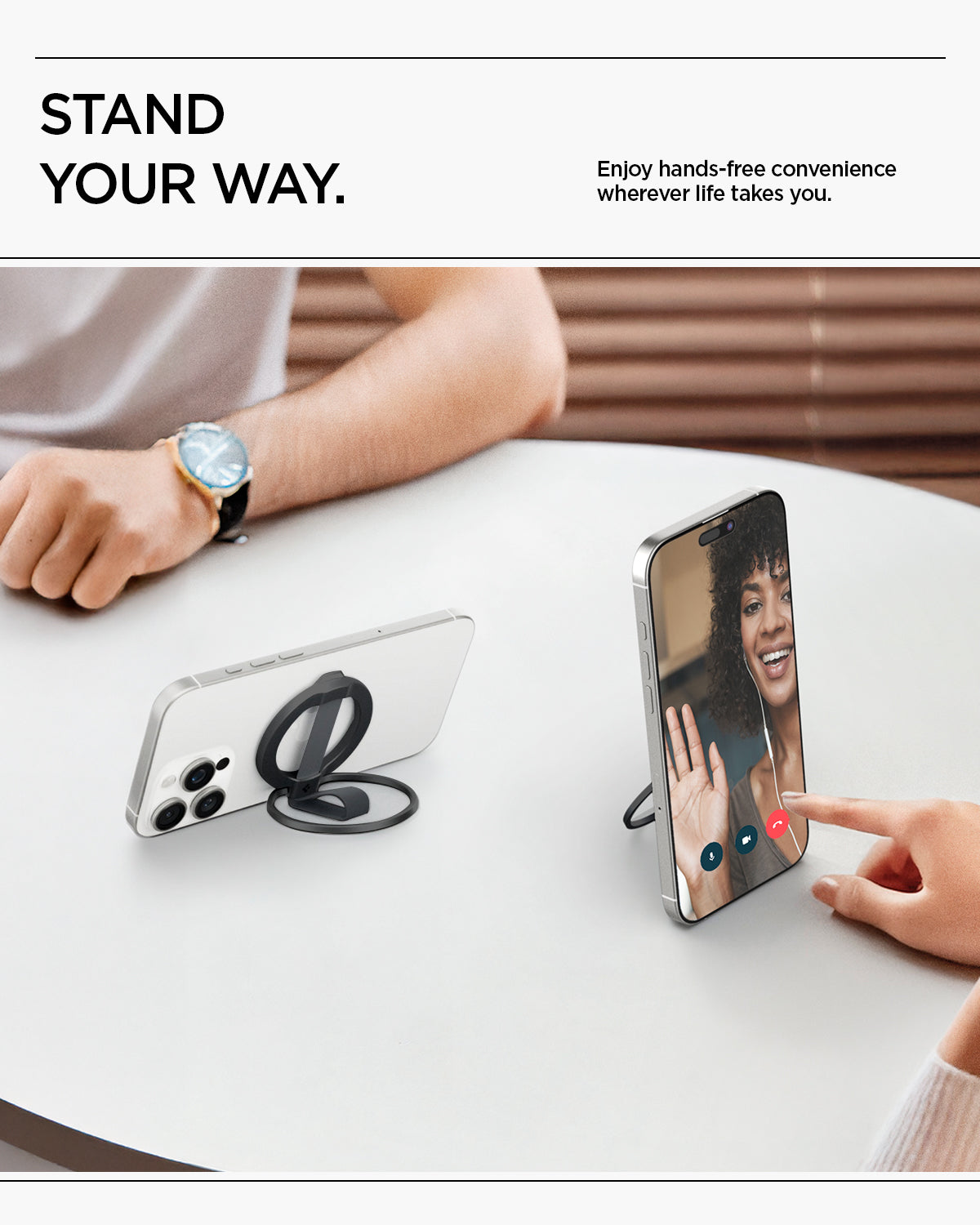 AMP08551 - O-Mag Magnetic Phone Holder (MagFit) | OM103 in Black showing stand your way. enjoy hands free convenience wherever life takes you