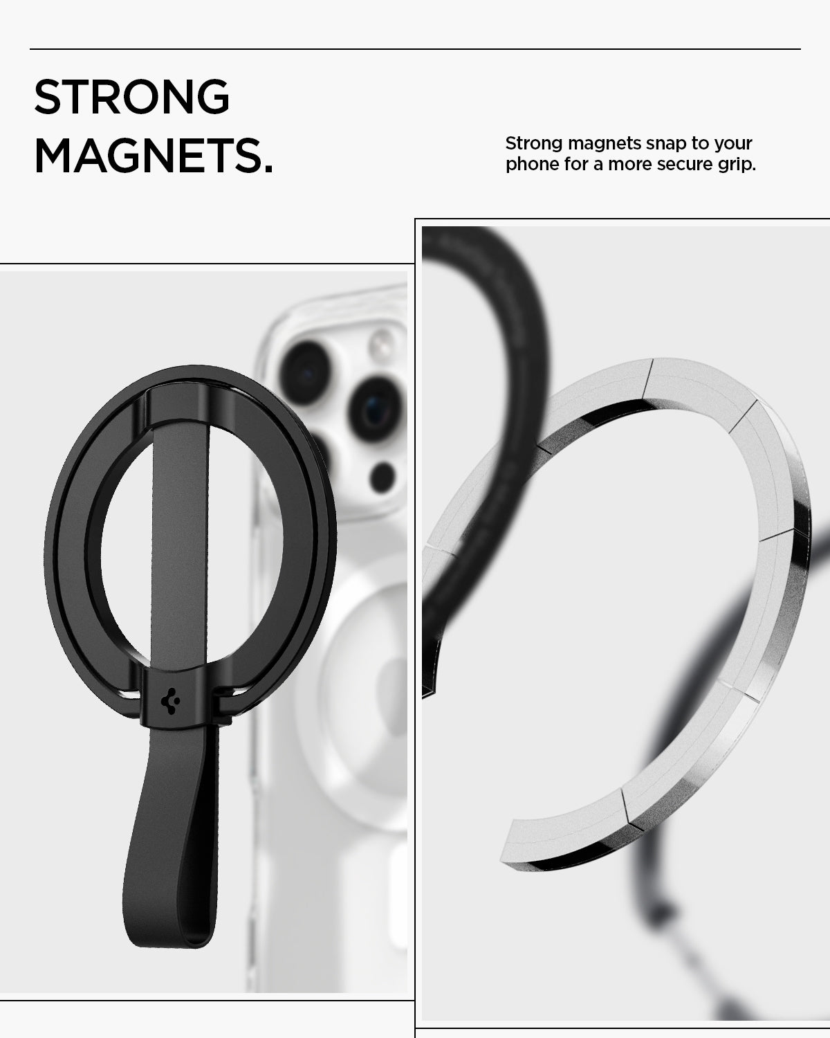 AMP08551 - O-Mag Magnetic Phone Holder (MagFit) | OM103 in Black showing strong magnets. strong magnets snap to your phone for a more secure grip