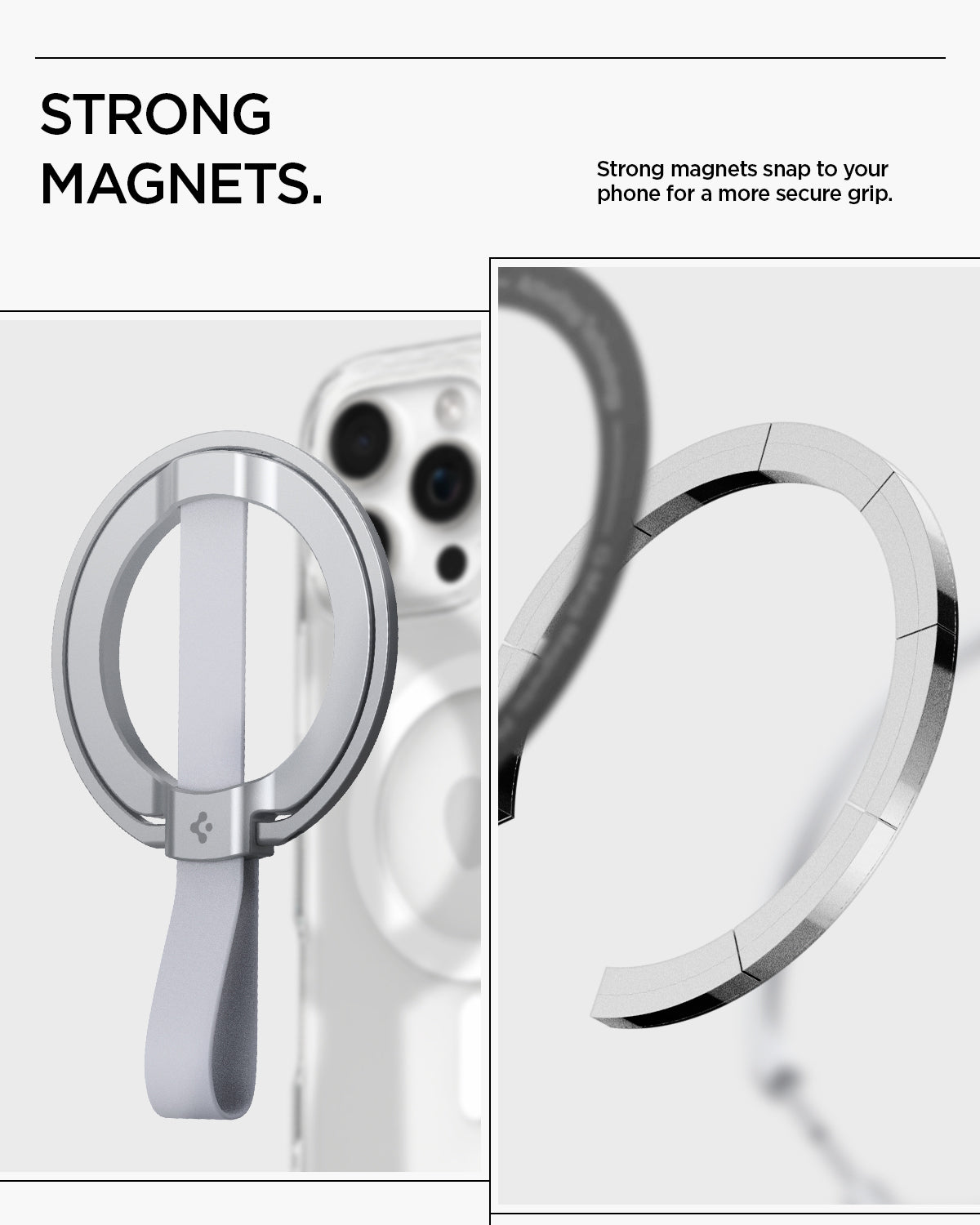 AMP10193 - O-Mag Magnetic Phone Holder (MagFit) | OM103 in Silver showing strong magnets. strong magnets snap to your phone for a more secure grip