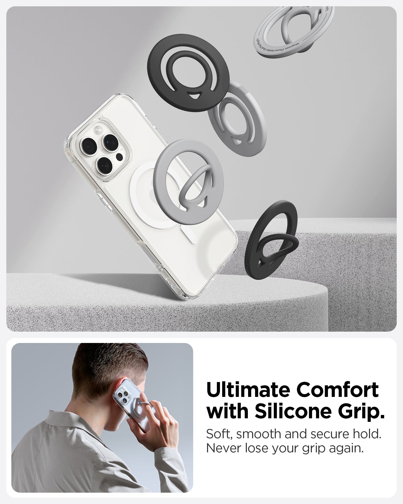 AMP08887 - O-Mag | Dual Pop (Mag Fit) OM105 in Gray showing ultimate comfort with silicone grip