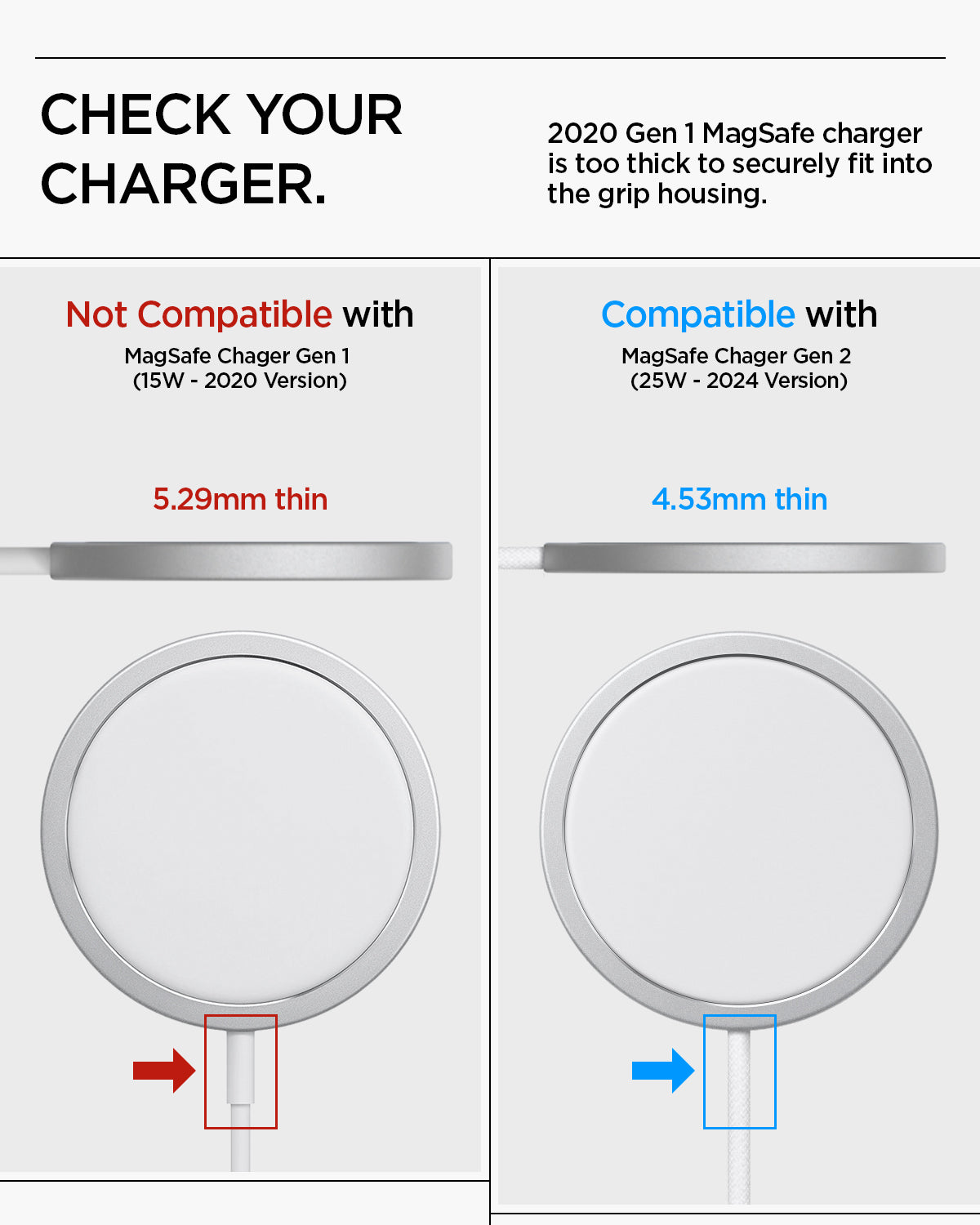 AMP10137 - O-Mag Charging Grip (MagFit) | OM107 in Black showing check your charger. 2020 gen 1 magsafe charger is too thick to securely fit into the grip housing