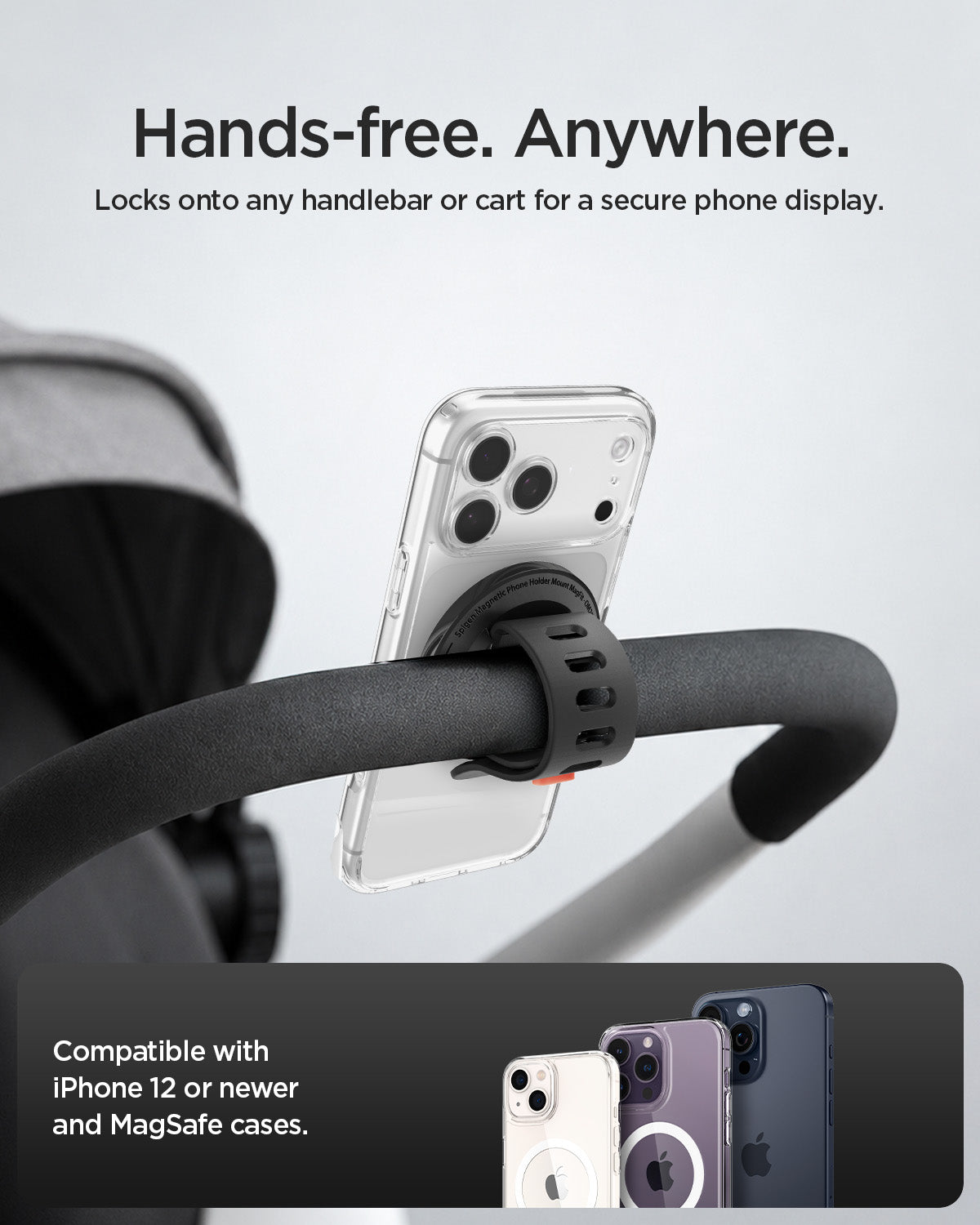 AMP11740 - Stroller Mount | OM200 (Mag Fit) showing a phone magnetically mounted to a stroller handle with an adjustable strap