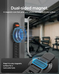 AMP11740 - Stroller Mount | OM200 (Mag Fit) showing the dual-sided magnetic mount holding a phone while attached to a metal surface