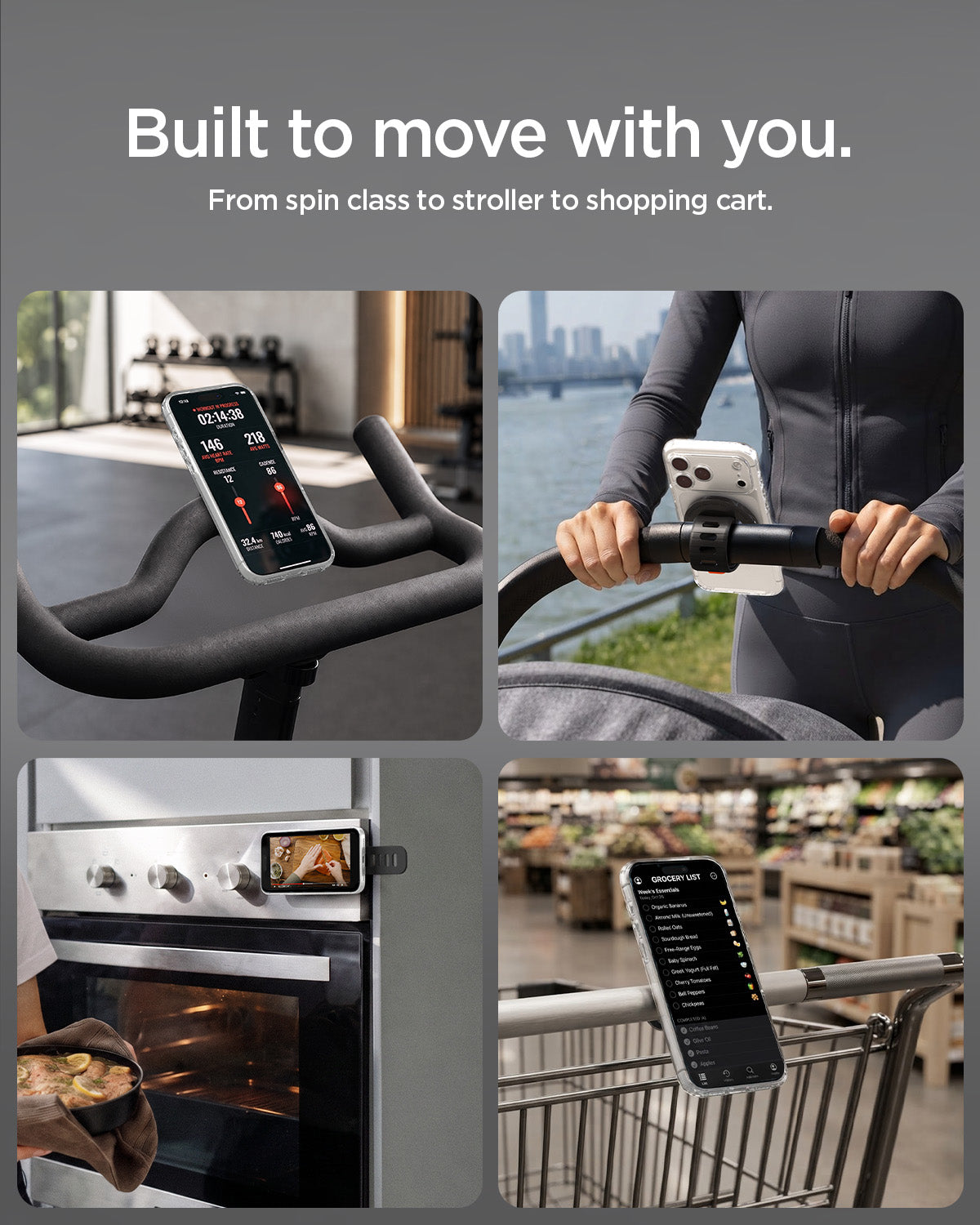AMP11740 - Stroller Mount | OM200 (Mag Fit) showing the magnetic phone mount used on exercise equipment, a stroller, an oven, and a shopping cart