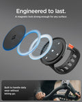 AMP11740 - Stroller Mount | OM200 (Mag Fit) showing an exploded view of the magnetic mount components and the mount secured to exercise equipment