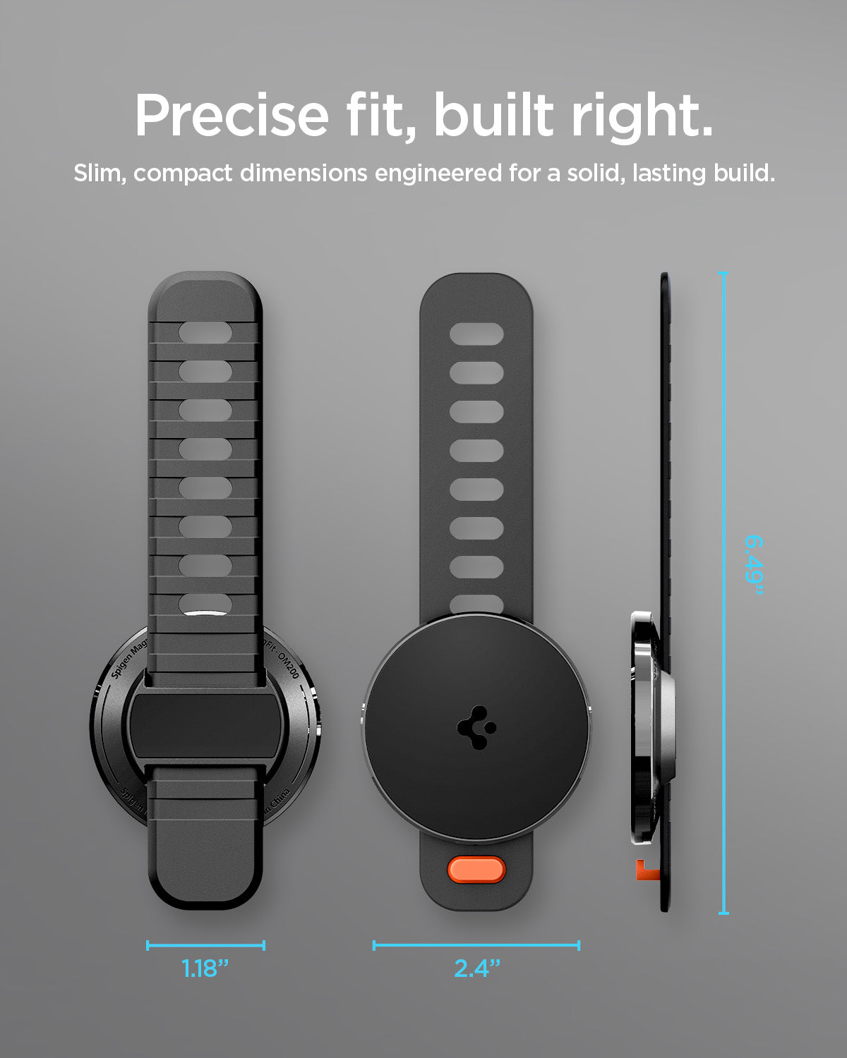 AMP11740 - Stroller Mount | OM200 (Mag Fit) showing front, back, and side views of the magnetic phone mount with its dimensions