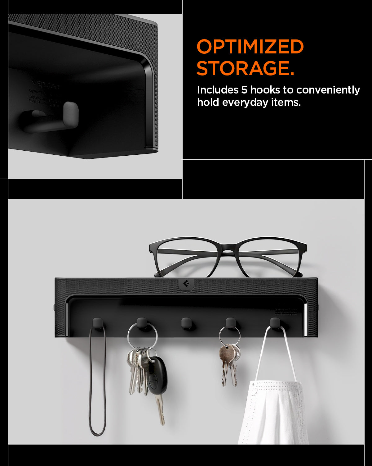 AHP10161 - Organizer Hook Key Holder showing optimized storage. includes 5 hooks to conveniently hold everyday items