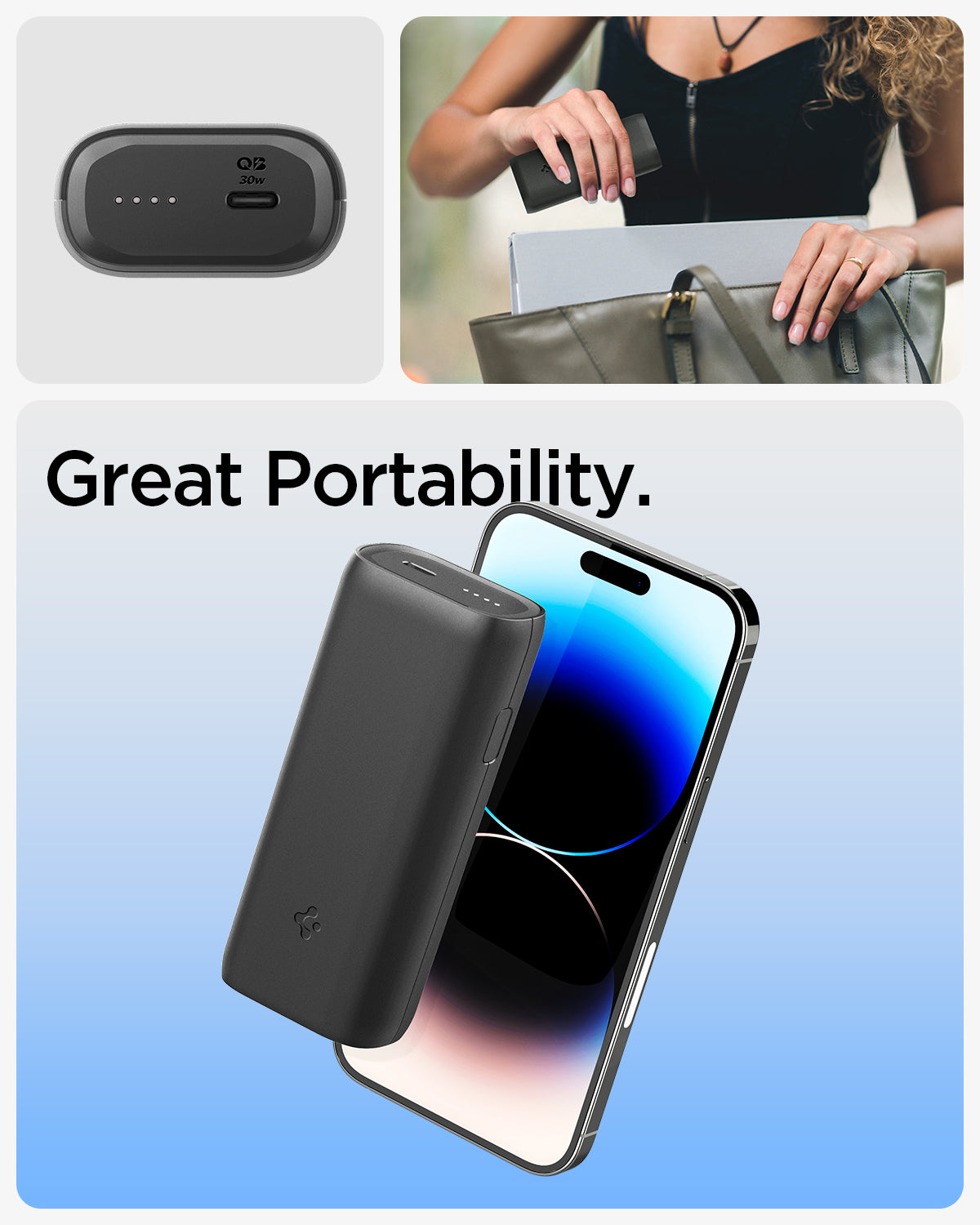 ABA04268 - ArcPack™ Portable Charger PA2100 in Black showing the Great Portability. A woman putting a charger unto her bag and a portable charger smaller that an iPhone hovering in front of a device