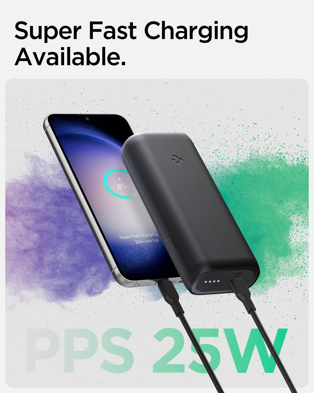 ABA04268 - ArcPack™ Portable Charger PA2100 in Black showing the Super Fast Charging Available. A small portable charger hovering in front of a device while both attached to a charging cable. PPS 25W