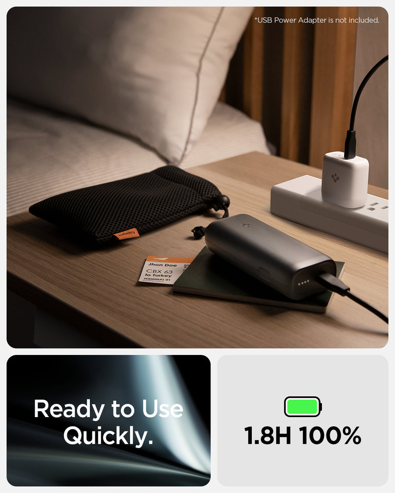 ABA04268 - ArcPack™ Portable Charger PA2100 in Black showing the Ready to Use Quicky. 1.8H 100% Battery. Can charge anywhere at anytime