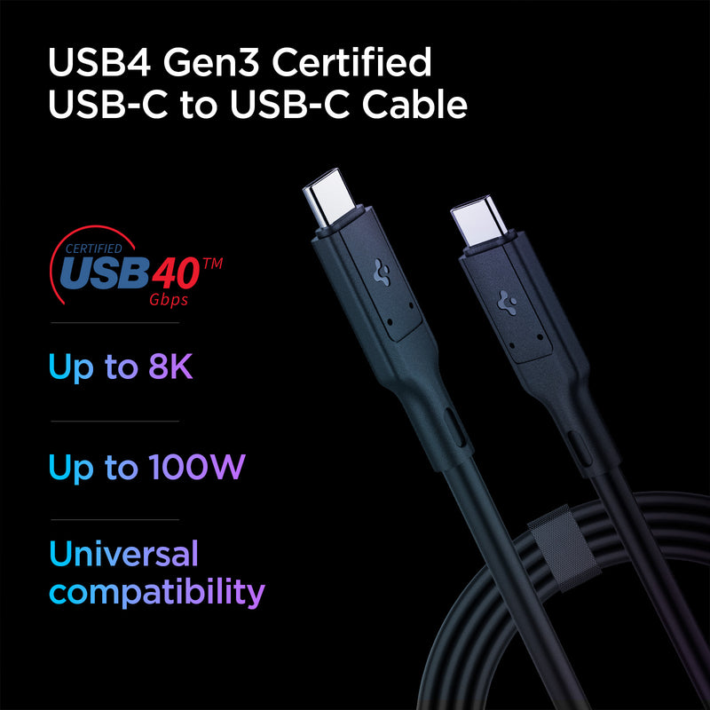 ACA02201 - ArcWire™ USB-C to USB-C 4 Cable PB2000 in Black showing the USB4 Gen3 Certified USB-C to USB-C Cable. cert. USB40Gbps, Up tp 8K, Up to 100W and Universal compatibility. A cable wire rolled with 2 cable heads