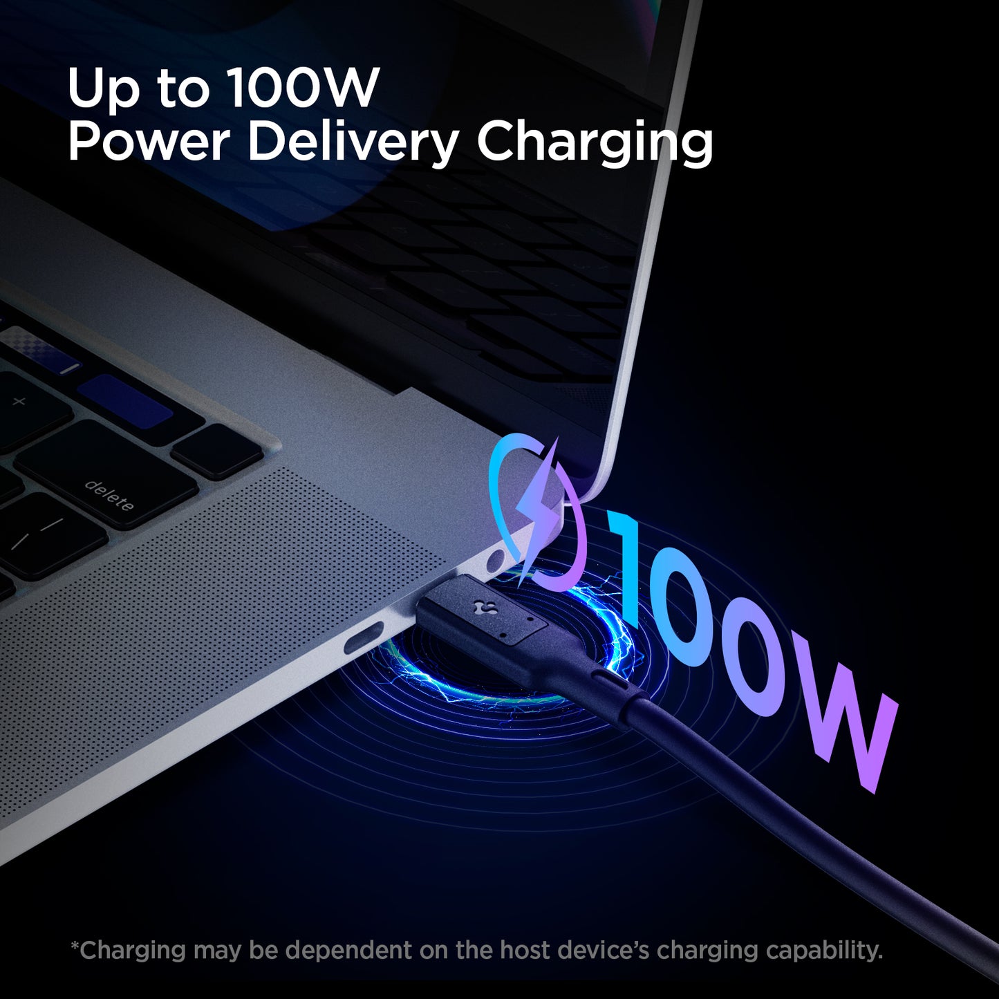 ACA02201 - ArcWire™ USB-C to USB-C 4 Cable PB2000 in Black showing the Up to 100W Power Delivery Charging. 100W power. Charging may be dependent on the host device's charging capability.