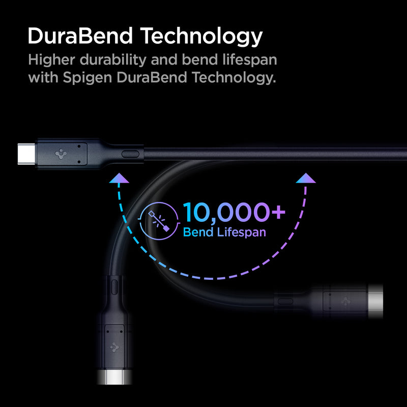 ACA02201 - ArcWire™ USB-C to USB-C 4 Cable PB2000 in Black showing the DuraBend Technology. Higher durability and bend lifespan with Spigen DuraBend Technology. Showing cable wire durability by bending. 10,000+ Bend Lifespan 